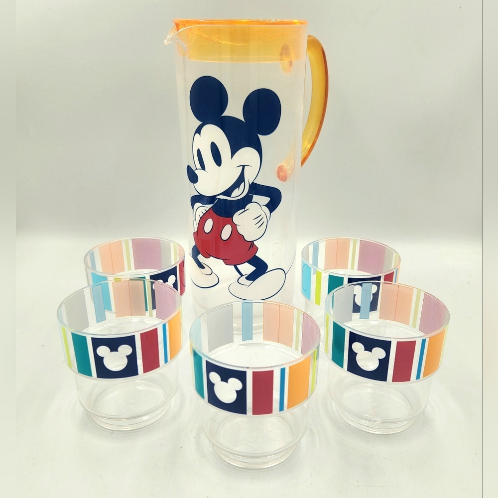 Disney Mickey Mouse Pitcher 5 Cup Picnic Set Clear Plastic Primary Color Taiwan